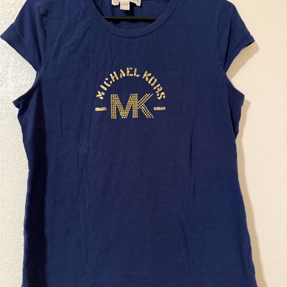 Michael Kors Navy Short-sleeve T-shirt with A Gold Leaf/Rhinestone Logo. Size L